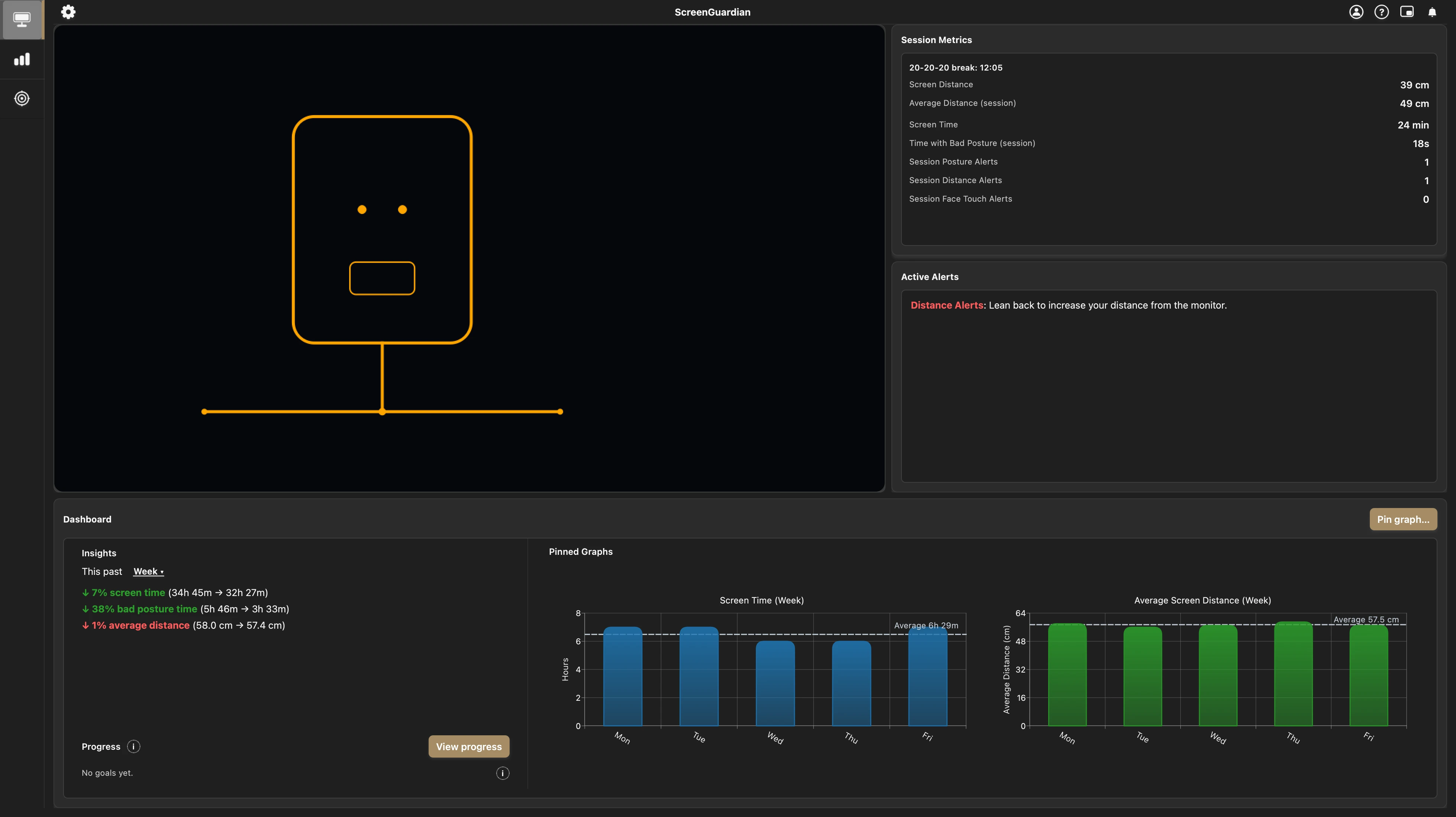 ScreenGuardian's screen distance metrics panel
